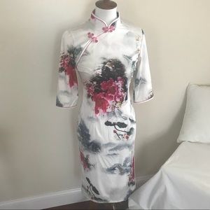Chinese Floral Half Sleeve Sheath Dress Size Small